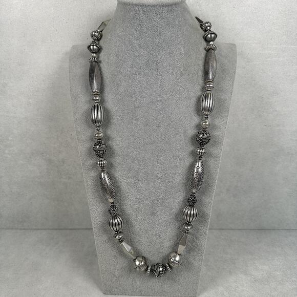Chico's Silver Tone Beaded Statement Necklace Womens Adjustable Boho Textured - Picture 1 of 8